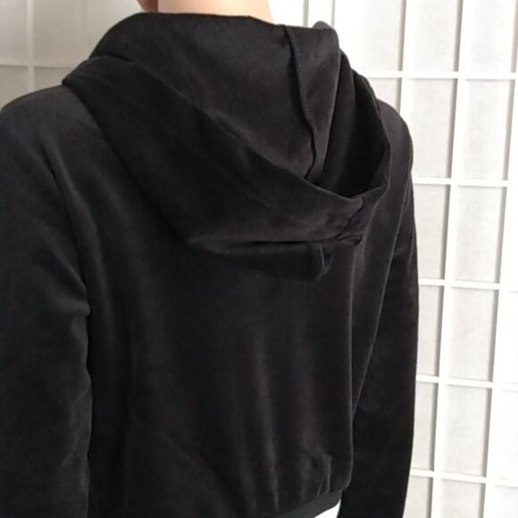 Bebe Black Velour Hooded Jacket W/ Rhinestone Logo - Picture 8 of 16